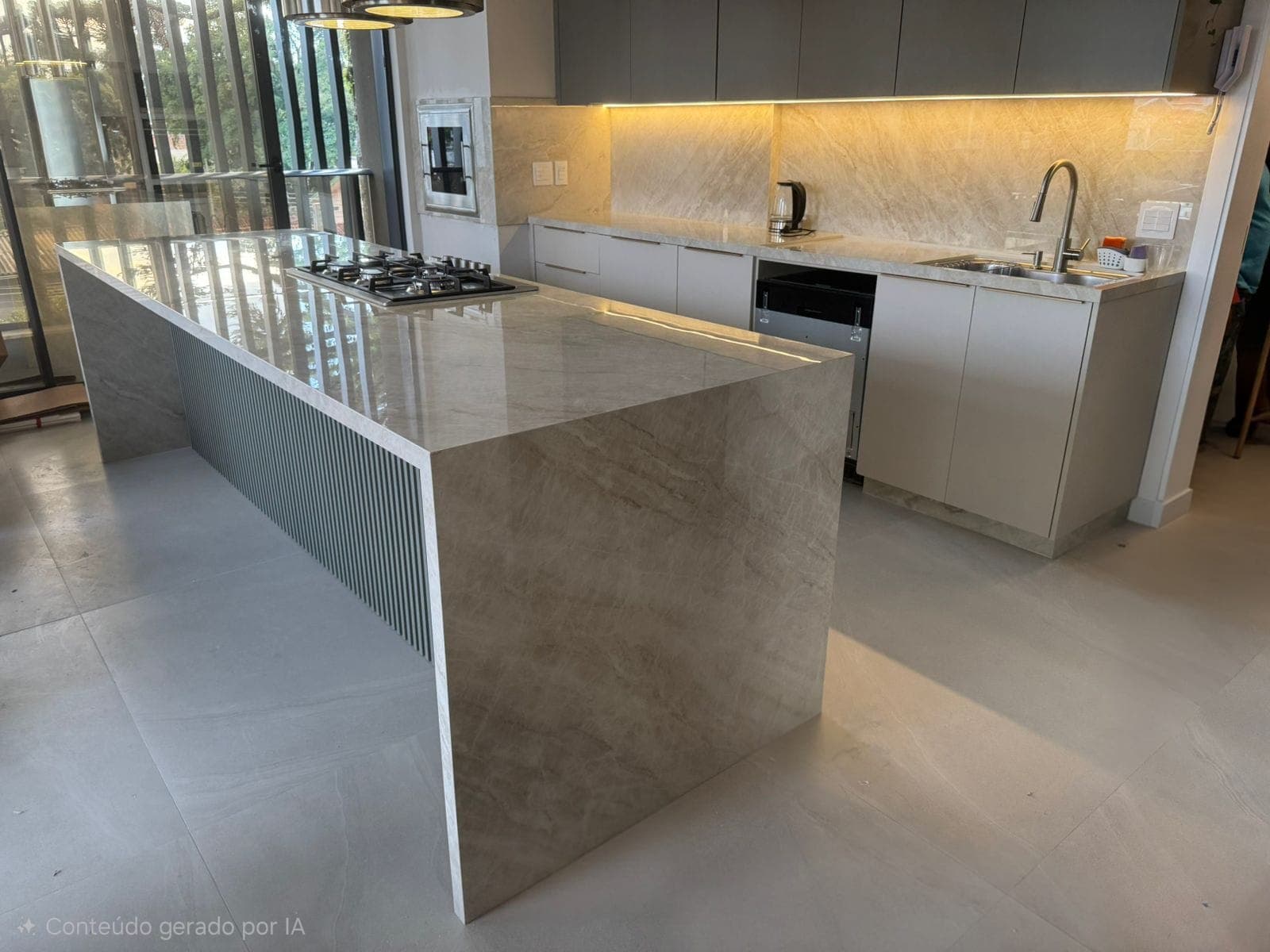 Ilha de cozinha em mármore cinza com acabamento premium - Fermino Mármores e Granitos